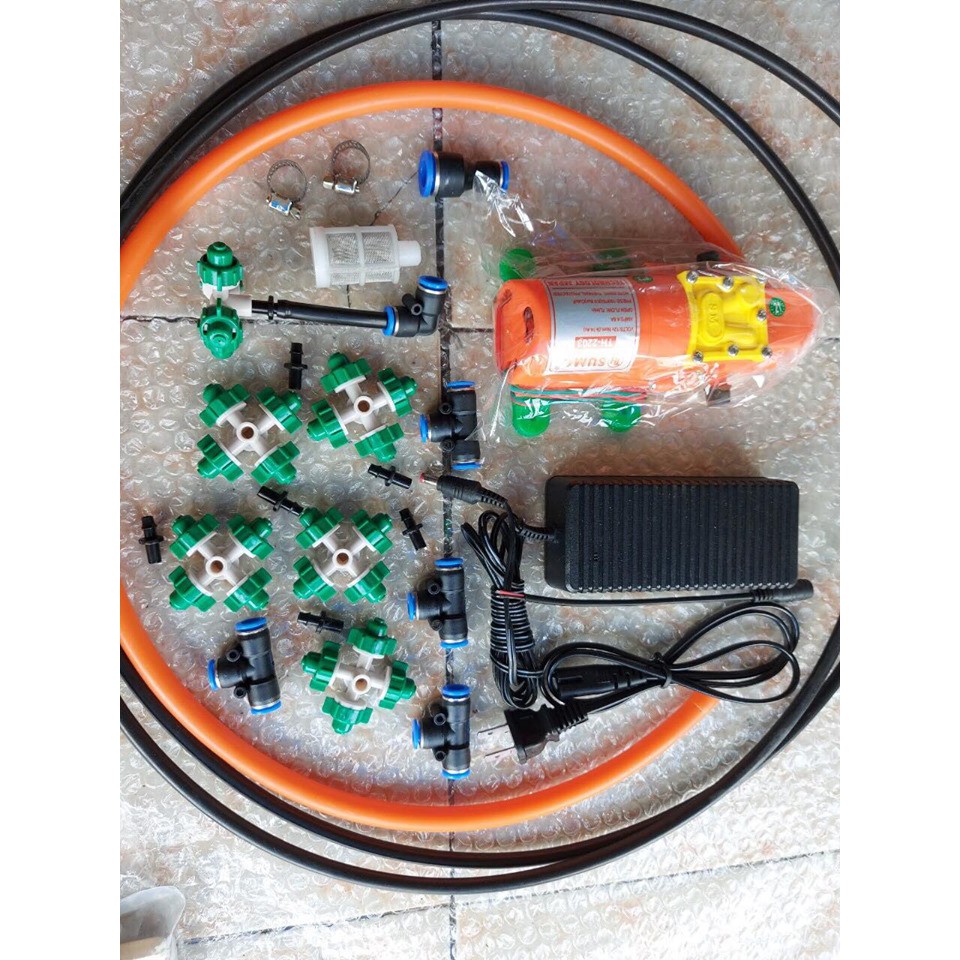 Bộ phun sương, tưới lan. bơm mini SuMo cam. kèm nguồn 12v_5a. 8 béc 4 hướng, 15m dây phun. 1m dây hút hoàn chỉnh...