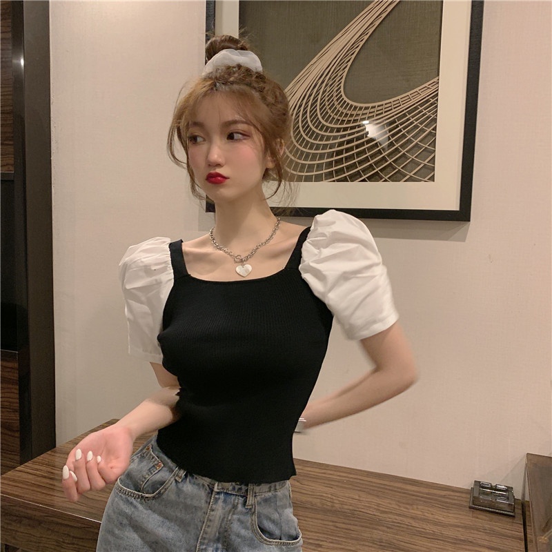 Áo thun ZHELIHANGFEI tay ngắn phồng cổ vuông phong cách phương Tây thời trang mùa hè cho nữ