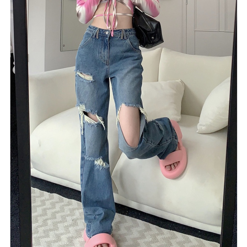 Quần Jean Nữ Ống Rộng Rách Gối Thời Trang