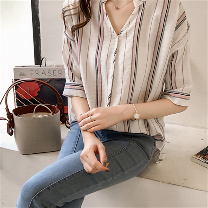 Áo kiểu RENJIANVSHENG tay ngắn cổ chữ V họa tiết kẻ sọc trẻ trung thời trang dành cho nữ