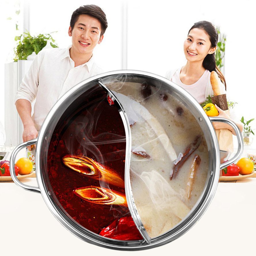 Nồi Lẩu 2 Ngăn Nắp Kính Dùng Cho Bếp Từ và Hồng Ngoại Chất Liệu Inox Dày Dặn Sang Trọng