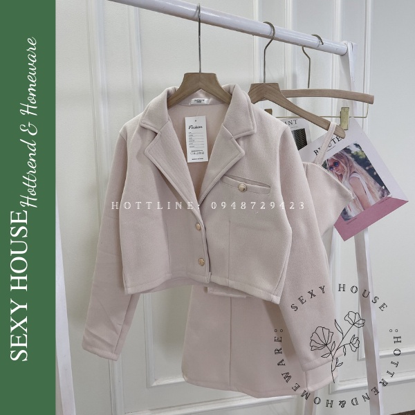 Set áo khoác dạ blazer túi ngọc kèm váy dạ hai dây siêu sang S222 SEXYHOUSE