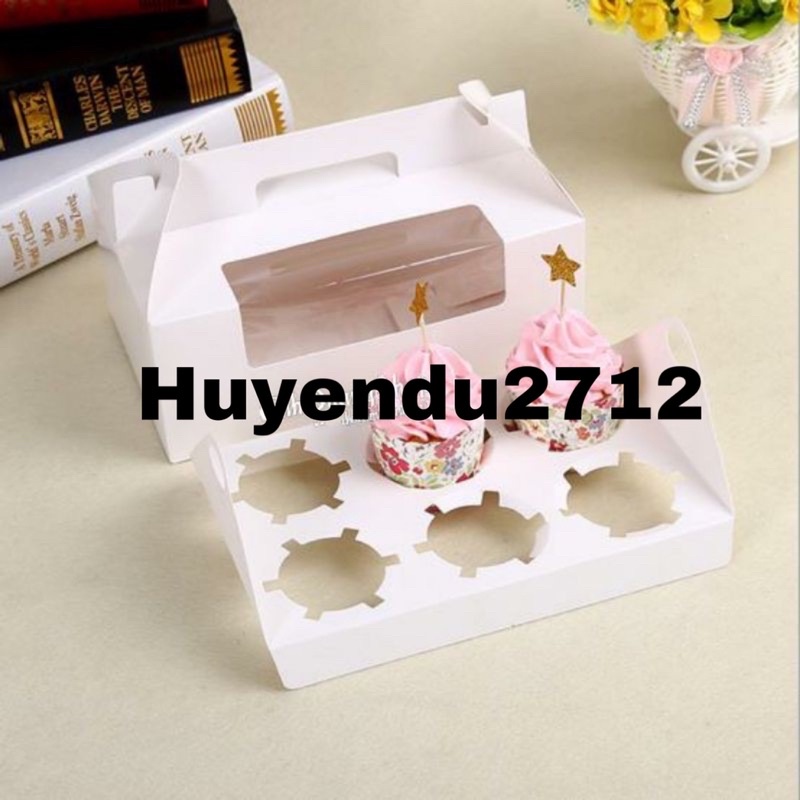 Hộp giấy cupcake trắng có quai xách 4-6 bánh