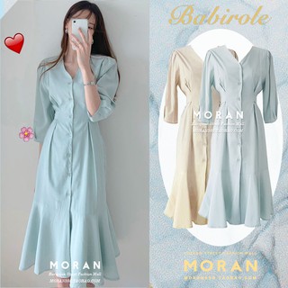 (ORDER) Váy MORAN dáng dài cổ V cài dọc khuy xòe đuôi cá style đơn giản dịu dàng vintage Hàn Quốc sang trọng