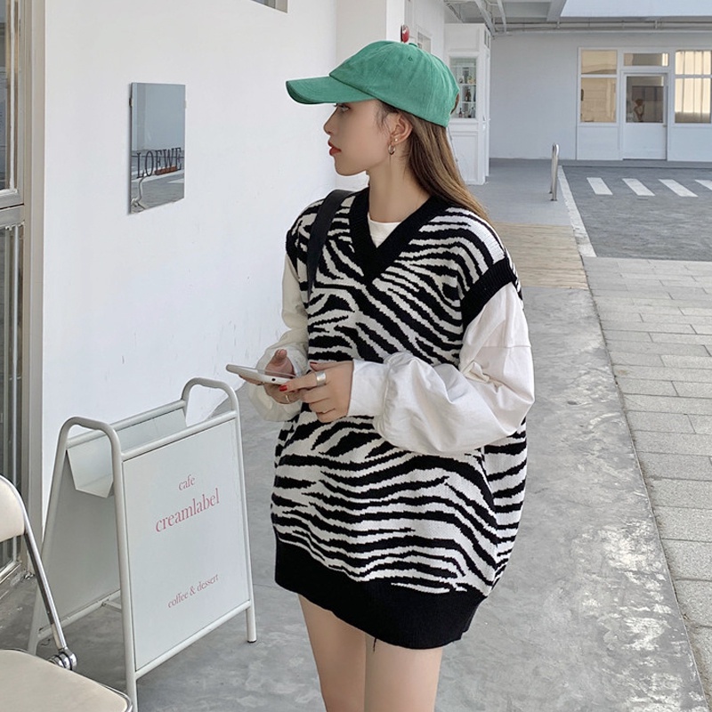 Áo len không tay cổ chữ V họa tiết ngựa vằn phong cách retro | BigBuy360 - bigbuy360.vn