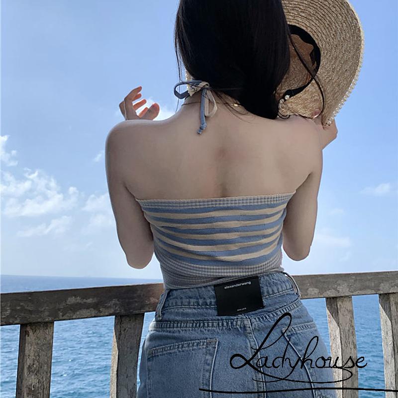 Áo Hai Dây Dệt Kim Hở Lưng Họa Tiết Kẻ Sọc Thời Trang Mùa Hè Cho Nữ