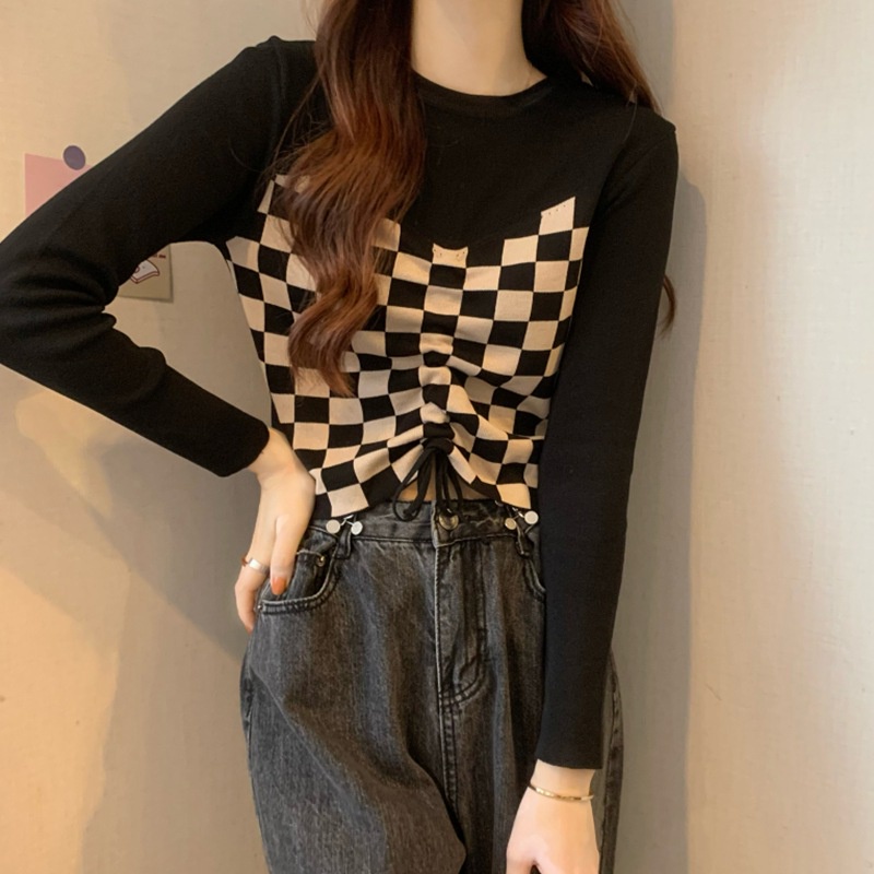 Áo croptop dệt kim tay dài dáng ôm phối dây rút trước họa tiết kẻ sọc thời trang mùa thu quyến rũ cho nữ