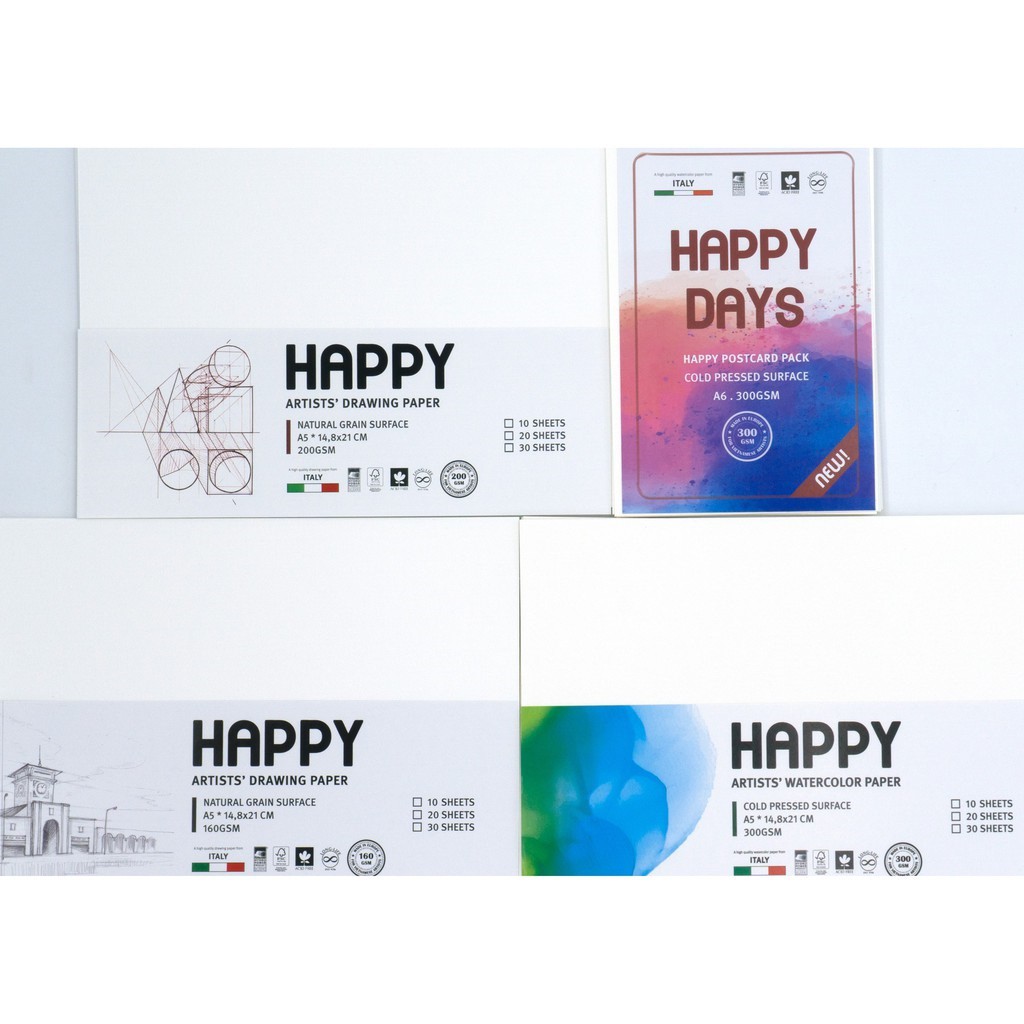 GIẤY VẼ MÀU NƯỚC POSTCARD HAPPY 300 GSM A6 (VÂN COLD, 10 TỜ), GIẤY VẼ 200 / 250 GSM (20 TỜ)