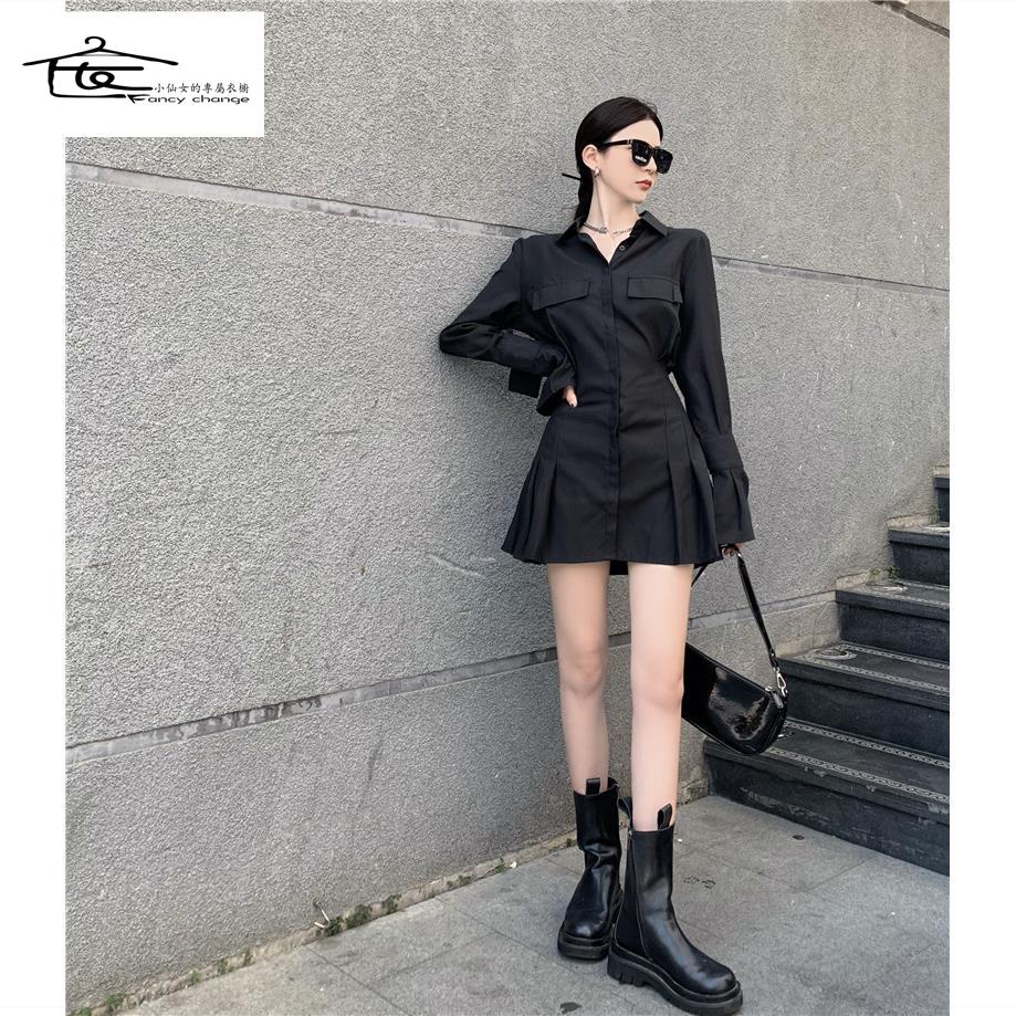 Đầm Sơ Mi Ngắn Ôm Eo Tay Dài Màu Đen Thời Trang Mùa Hè