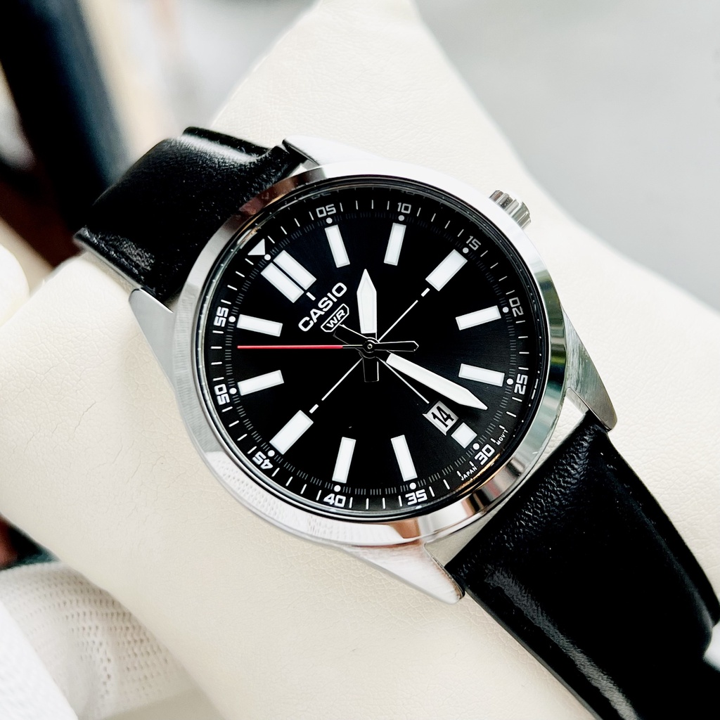 Đồng hồ Nam dây da Casio MTP VD02L-1E Mặt đen dạ quang chống nước 50M Bảo hành 1 năm Hyma watch