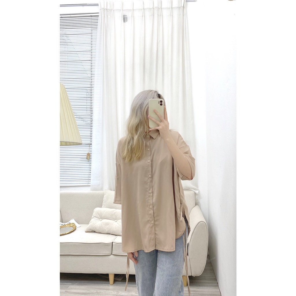 Sơ mi lụa ngắn tay trơn rút dây 2 bên - kèm ảnh thật chụp tại shop