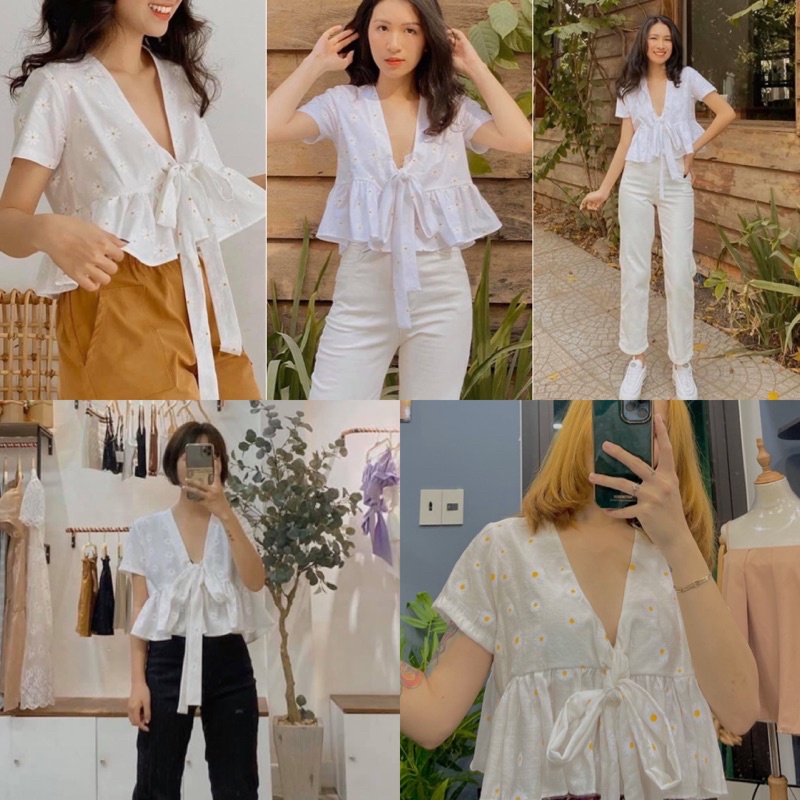 Áo Kiểu Bae Tee Hoạ tiết hoa cúc thiết kế xẻ ngực quyến rũ chất vải xô
