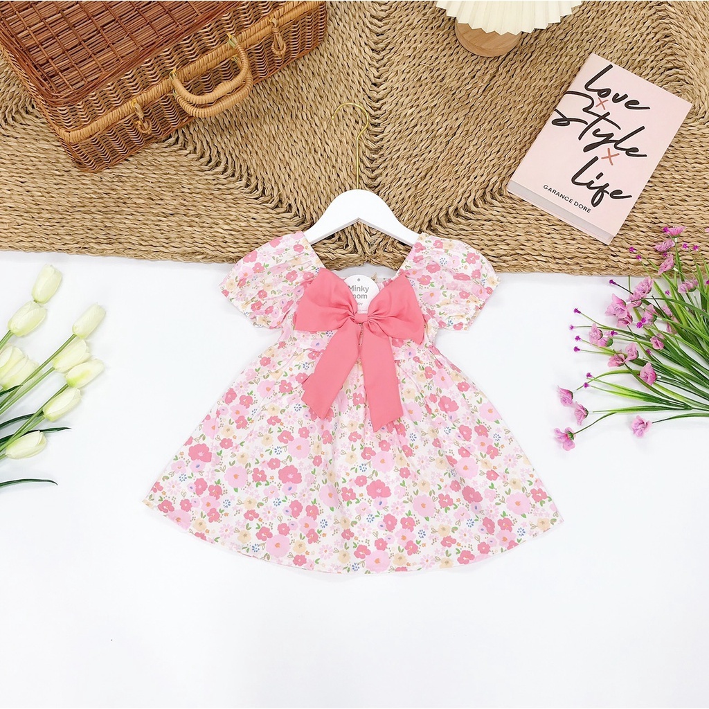 Váy hoa thắt nơ ngực chất thô lụa mềm mịn cho bé gái 8-22kg