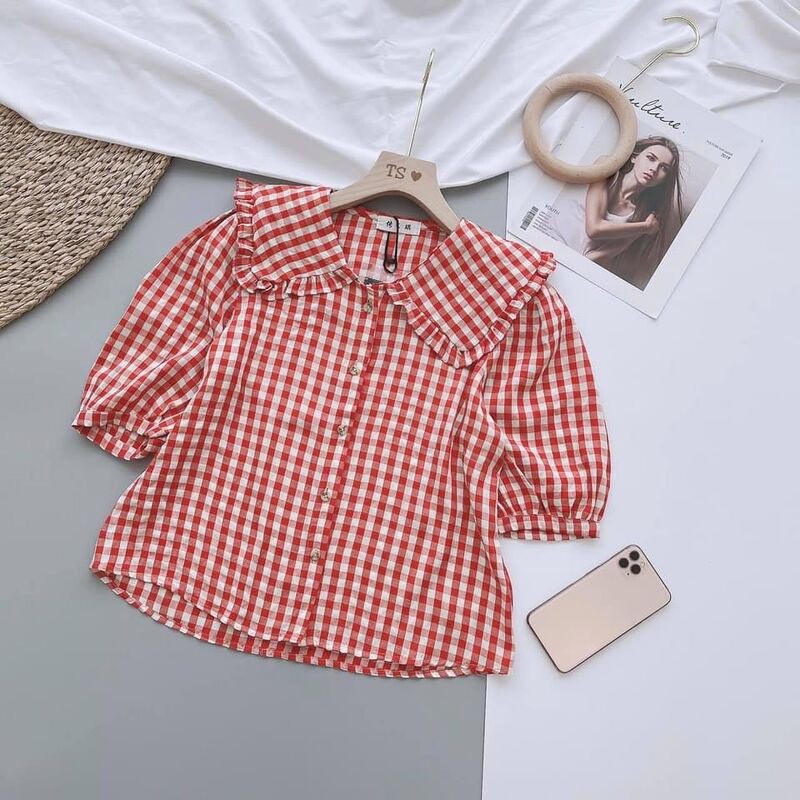 [Mã FAMAYWA giảm 10K đơn 50K] Áo sơ mi kẻ đỏ cổ bèo xinh xắn | BigBuy360 - bigbuy360.vn