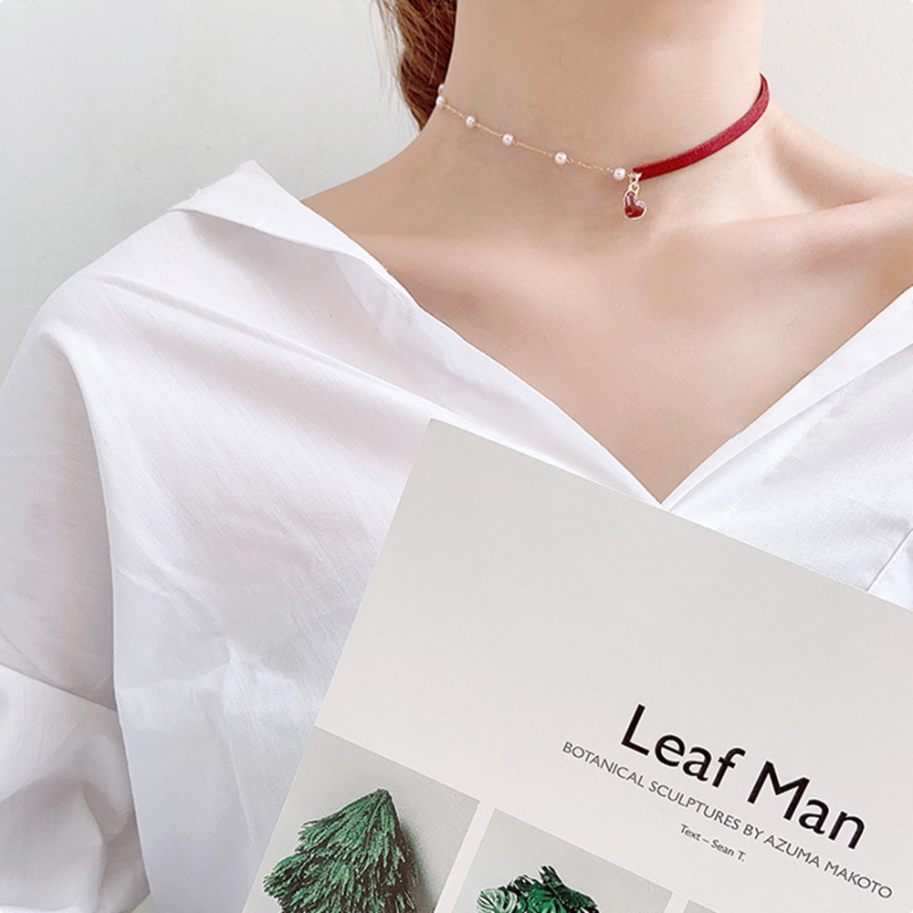 Vòng cổ choker mặt trái tim đính ngọc trai giả nhiều màu sắc 86