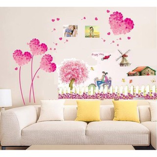 Decal dán tường trái tim hồng và cối xay gió