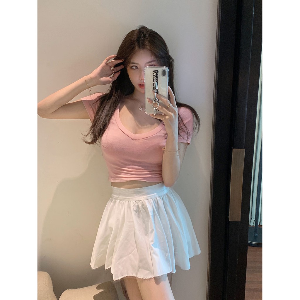 Cocory vn Áo croptop tay ngắn cổ chữ V màu trơn tùy chọn phong cách đơn giản