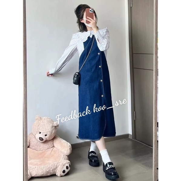 Váy yếm jean hai dây denim mặc 2 kiểu đa năng đeo chéo áo sơ mi cổ búp bê