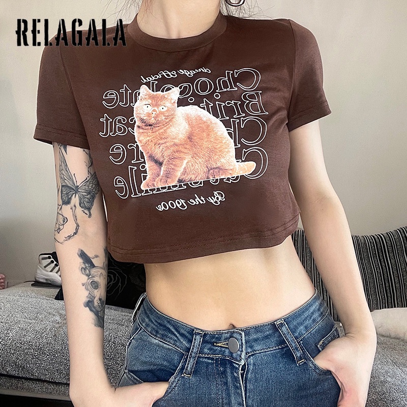 Áo Thun Croptop Tay Ngắn In Hình Mèo Ngộ Nghĩnh Cho Nữ