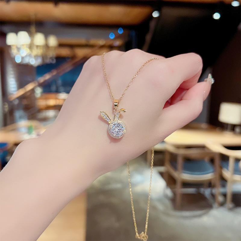 XiaoboACC Vòng Cổ Bằng Thép Titan Phối Mặt Hình Thỏ Đính Đá Zircon Xinh Xắn 38cm+6cm