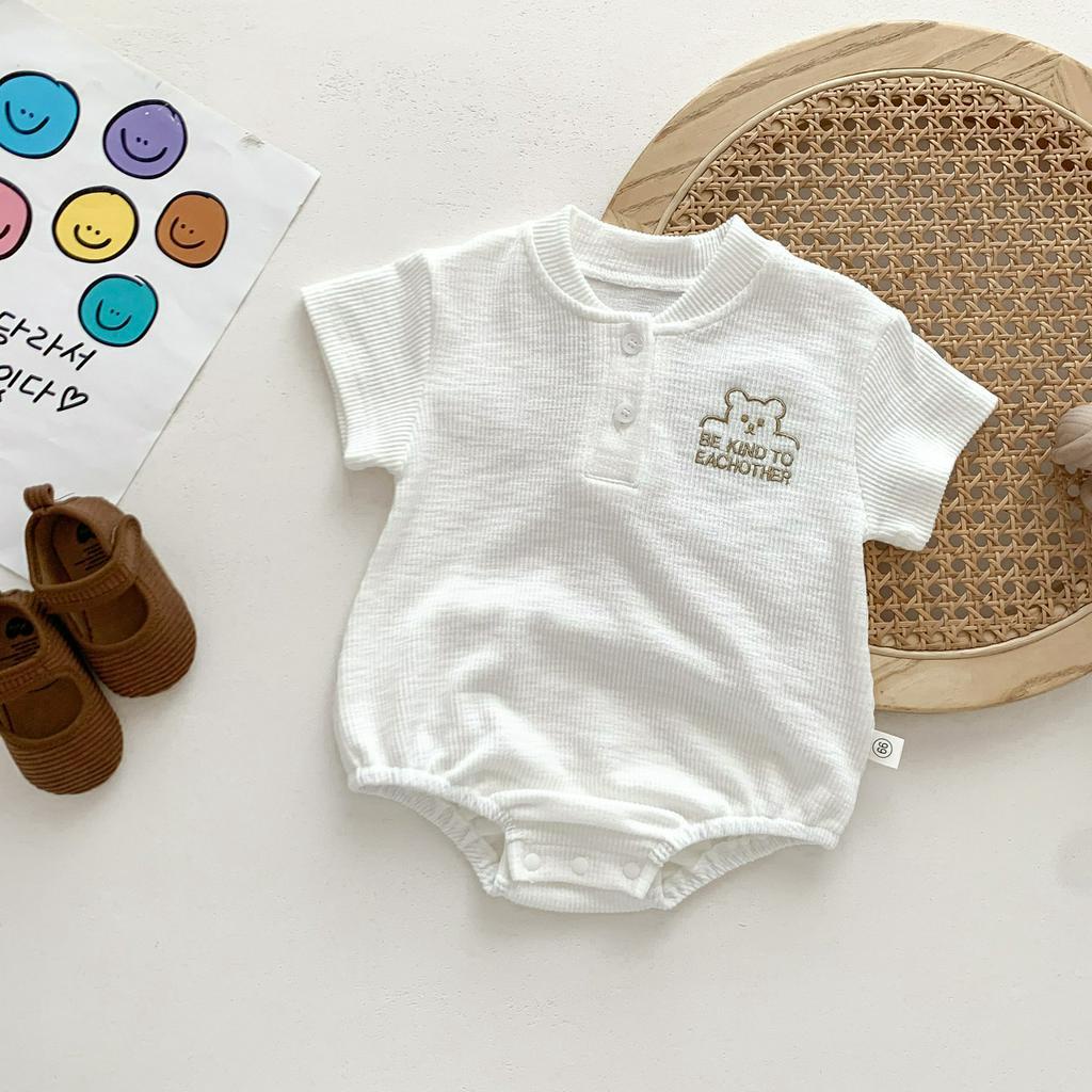 Bộ Áo Liền Quần Ngắn Tay In Hình Gấu Dễ Thương Cho Trẻ Sơ Sinh