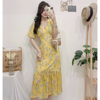 Đầm maxi nữ cổ V đuôi cá dáng dài phối hoa