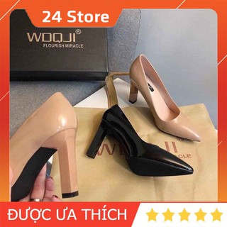 [HOT TREND] Giày Cao Gót 8 Phân Gót Vuông Mũi Nhọn Da Bóng Cực Sành Điệu 2 Màu