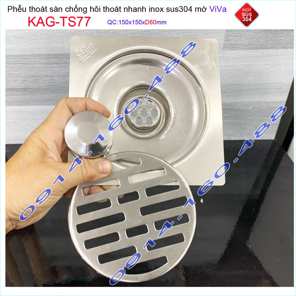 Phễu thoát sàn Viva KAG-TS77 15x15cm D60, phễu thoát sàn SUS304 đúc liền khối sales 40%, hố ga chống hôi inox 304 dày