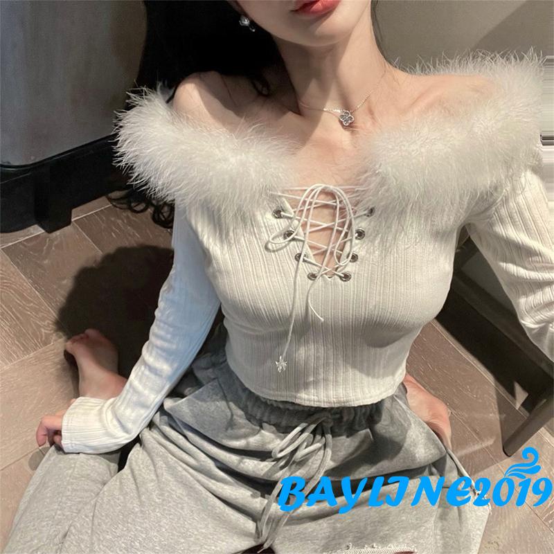 Áo croptop dệt kim tay dài cổ chữ V có dây rút thời trang thường nhật dành cho bạn nữ mặc dự tiệc