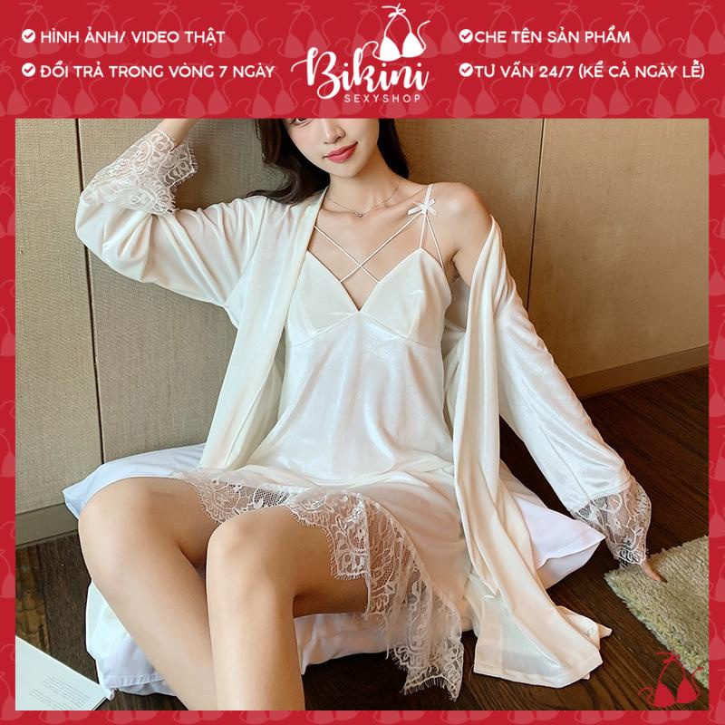 ❣️ SET CHOÀNG VÁY NGỦ NHUNG MỊN QUẢNG CHÂU CAO CẤP ĐAN DÂY NGỰC GỢI CẢM PHỐI REN FREESIZE MÀU ĐEN/ ĐỎ/ TRẮNG/ NẤU SN04
