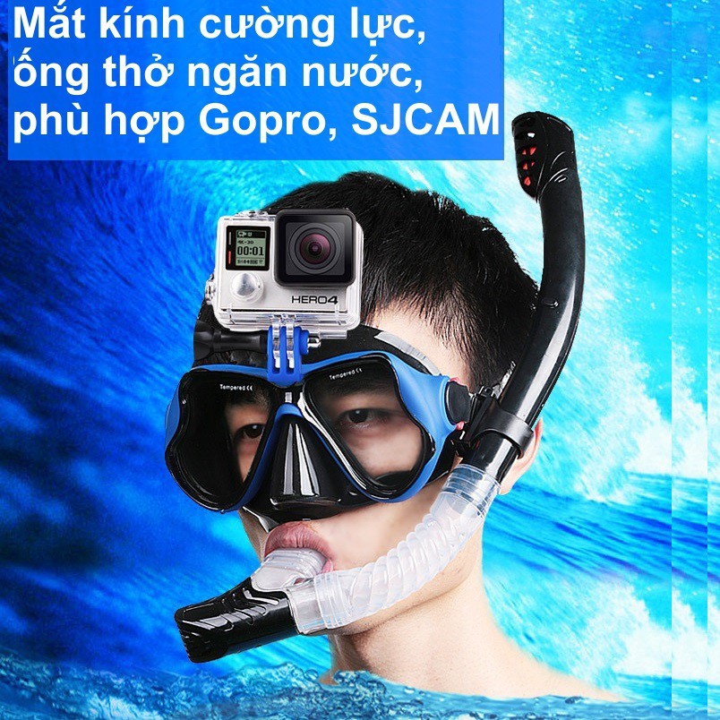 Kính lặn ống thở GOPRO chính hãng POPO mặt nạ lặn biển kèm ống thở mắt kính cường lực gắn được Camera SJCAM, GOPRO EKEN