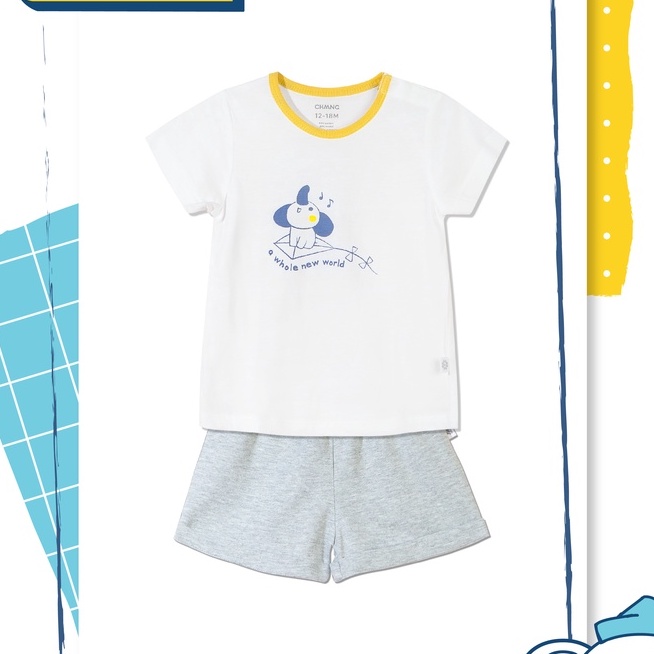 [CHAANG] Set quần áo cộc tay màu trắng ghi cho bé