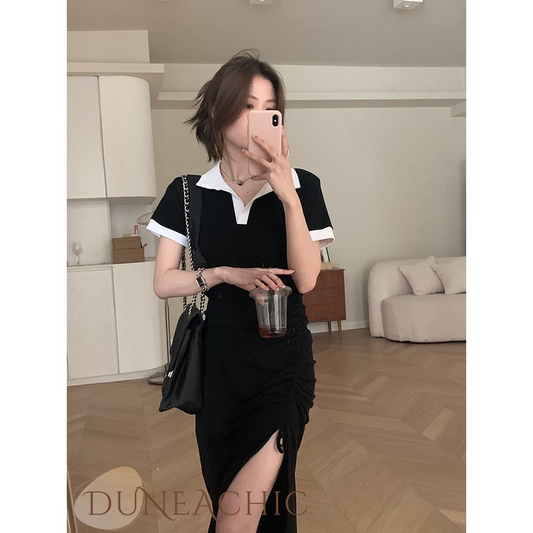 DUNEA Đầm Cổ Polo Rút Dây Xếp Ly Xẻ Tà Màu Tương Phản Quyến Rũ Cho Nữ