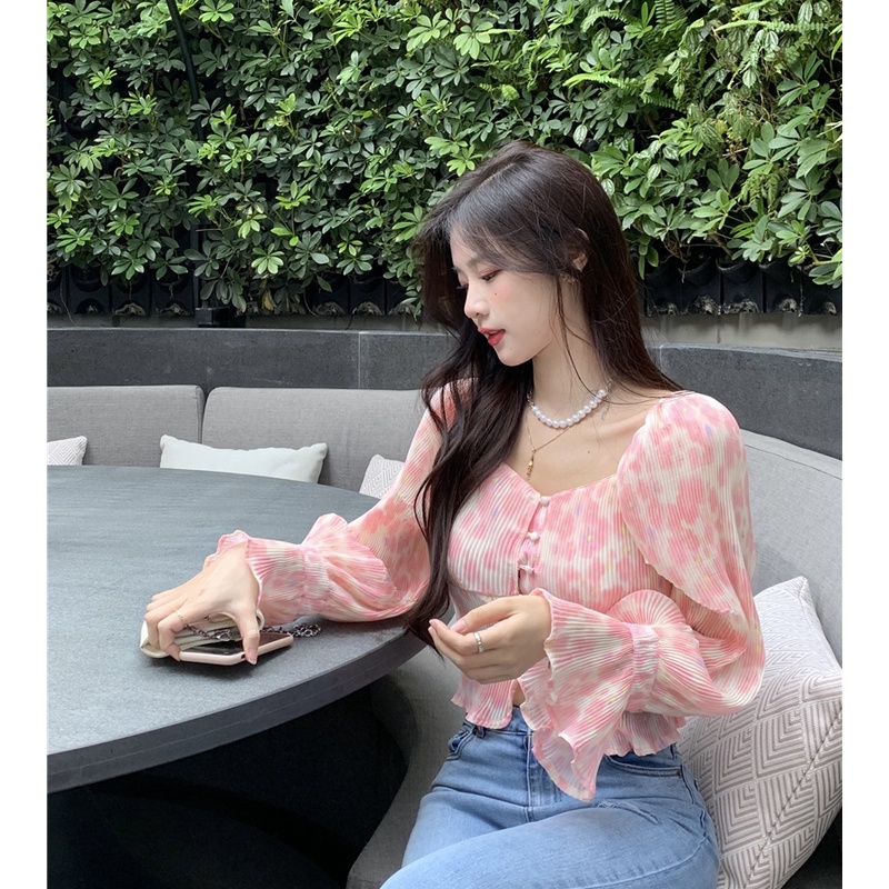 QKOOLE  Áo Croptop Trễ Vai Tay Loe Màu Hồng Phong Cách Hàn Quốc Cho Nữ