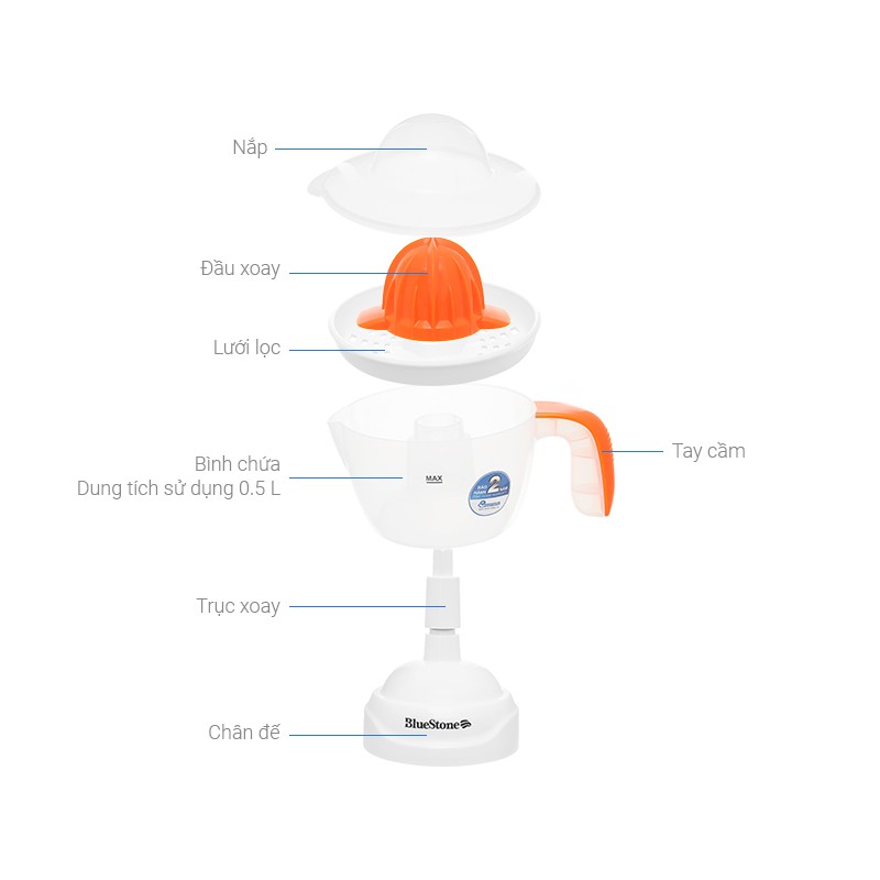 Máy vắt cam Bluesstone CJB-1127, Công suất 30W, Nhựa PP an toàn sức khỏe, Bảo hành 24 tháng