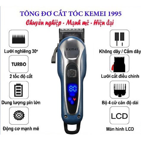 Tông Đơ Cắt Tóc Không Dây Chuyên Nghiệp Kemei-1995 Chính Hãng
