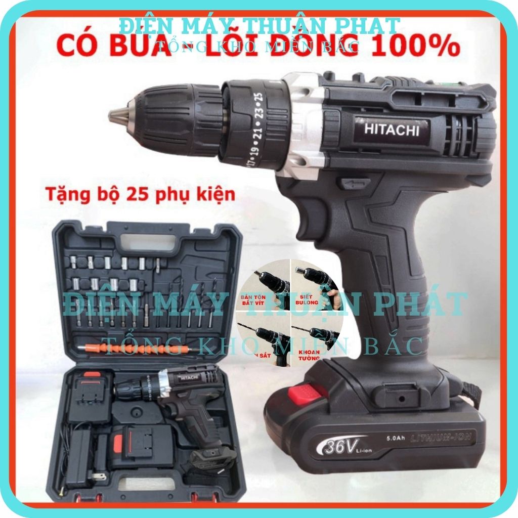 Máy khoan pin bắt bắn siết ốc vít bulong Hitachi 36V chổi than cầm tay mini đa chức năng- Tặng 24 Phụ Kiện