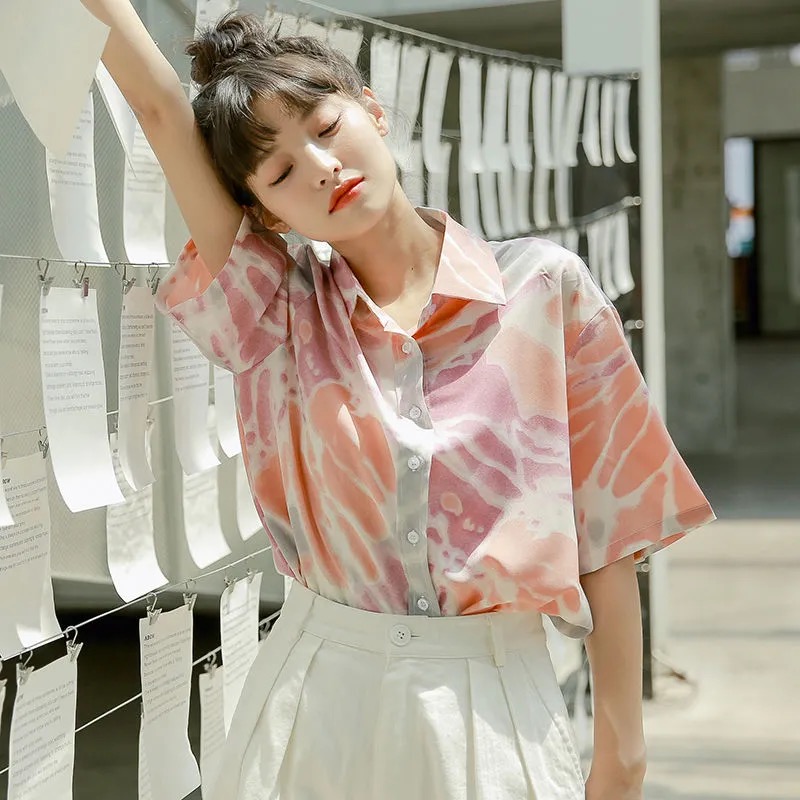 YIDANL Áo Sơ Mi Nữ Tay Ngắn Dáng Rộng Kiểu Hàn Quốc Thời Trang Mùa Hè 2021