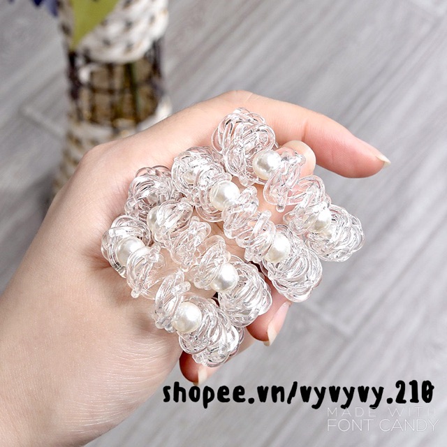 Cột Tóc Lò Xo Trong Suốt Đính Hạt Trai Style Hàn Quốc Đơn Giản, Xinh Xắn