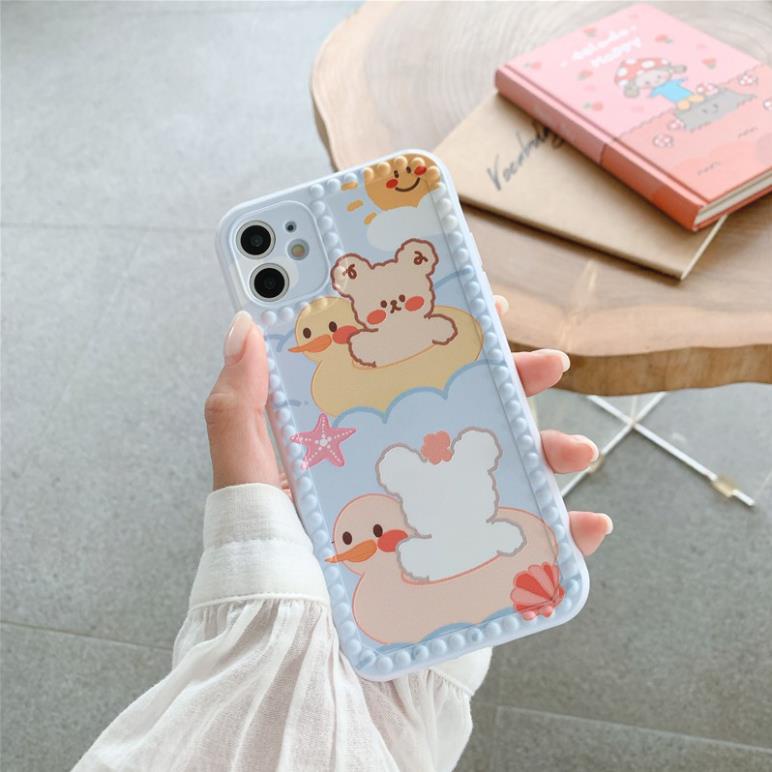 Ốp lưng iphone - Ốp iphone viền chấm bi gấu và vịt  7plus/ 8plus / x / xs / xs max / 11 /11 promax Dino Case