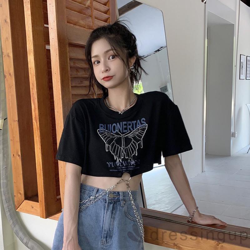 DRE-Women Summer T-Shirt , Short Sleeve Round Collar Butterfly Letters Print Metal Chain T-Shirt