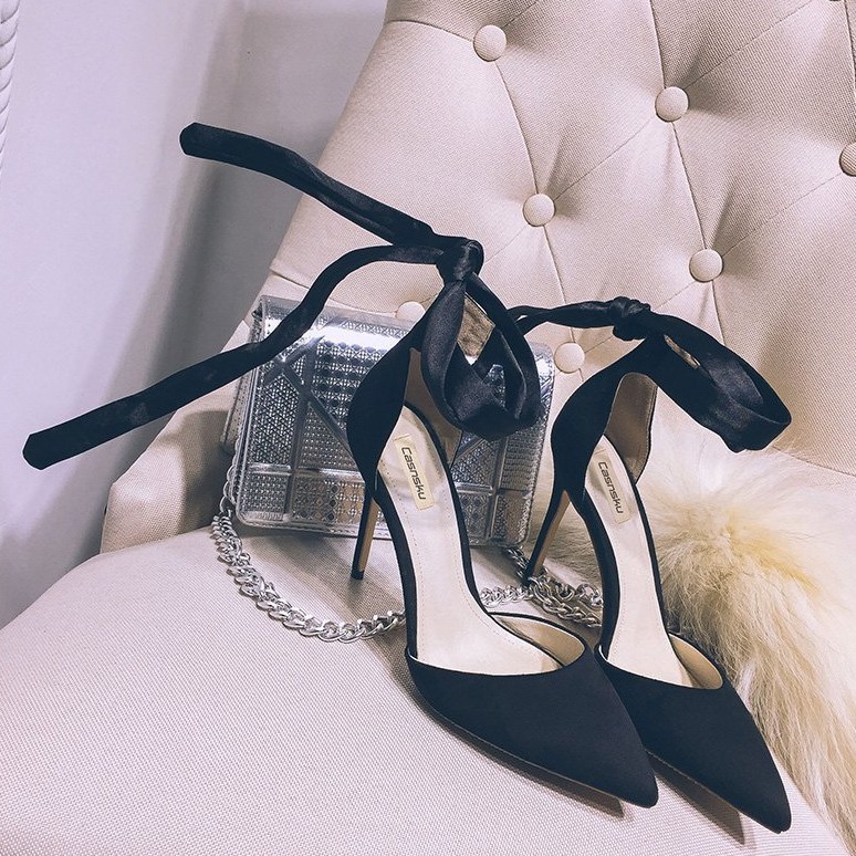 Giày cao gót 7P chất liệu da lộn đính nơ siêu tiểu thư phong cách HQ mã BBC49