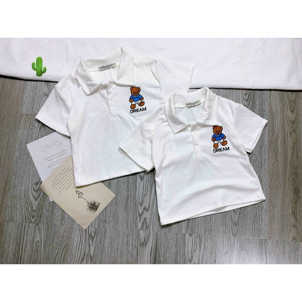Áo thun croptop cổ bẻ phối thêu gấu ngực xinh pc
