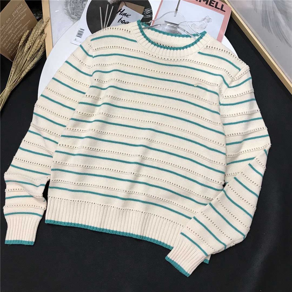 Áo Len Cổ Tròn Dáng Rộng Kẻ Sọc Phong Cách Mùa Thu
