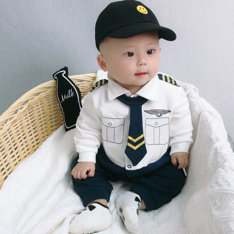 Áo Liền Quần Tay Dài In Hình Thuyền Trưởng One piece Vải Cotton Thời Trang Mùa Thu Cho Bé Trai Sơ