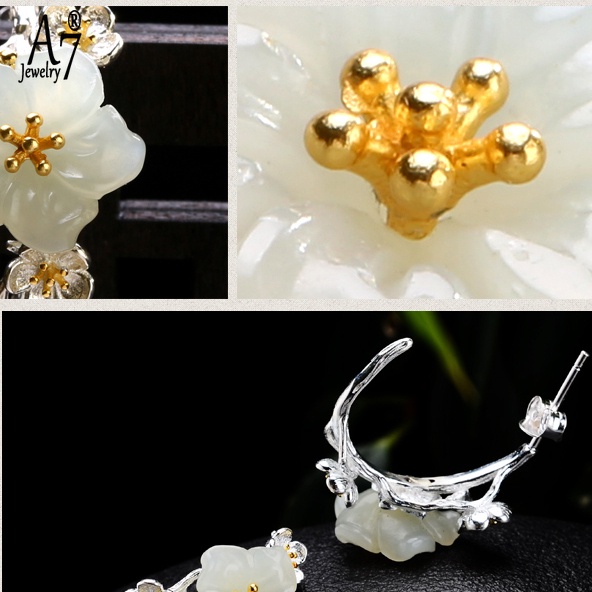 Khuyên Tai Bạc A7 Họa Tiết Hoa Anh Đào Đính Đá Ngọc Bích Trắng Chống Dị Ứng