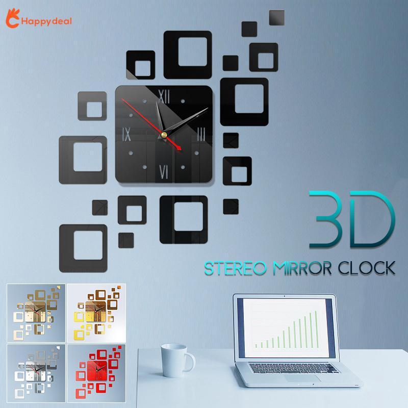Set đồng hồ dán với miếng dán tường hình vuông 3D trang trí nhà sáng tạo