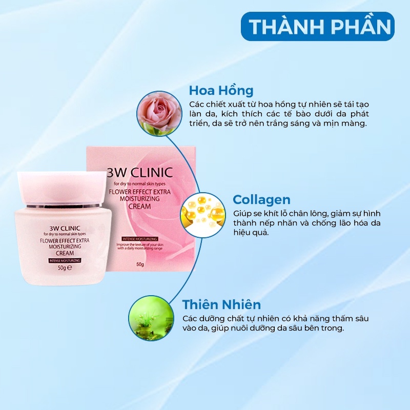 Kem Trắng Da Dưỡng Ẩm Chống Lão Hóa Chiết Xuất Từ Hoa Hồng 3w Clinic Hàn Quốc 50ml Giúp Da Trắng Sáng Mềm Mịn Tự Nhiên