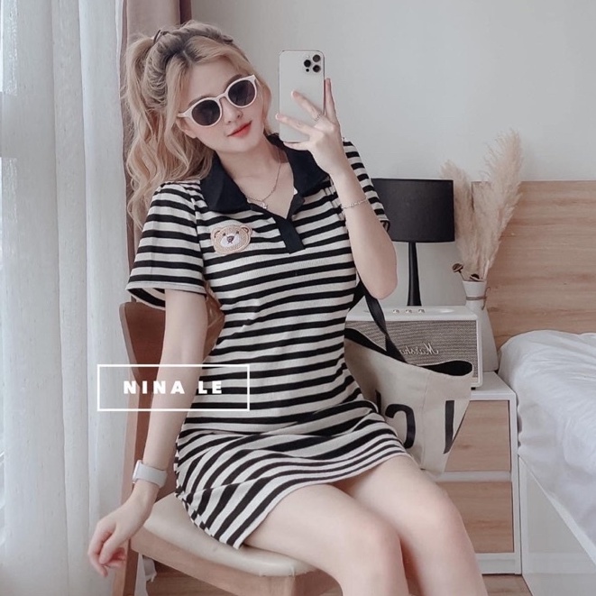Đầm váy nữ polo kẻ sọc sang chảnh thiết kế tay ngắn cổ sơ mi váy thời trang mùa hè