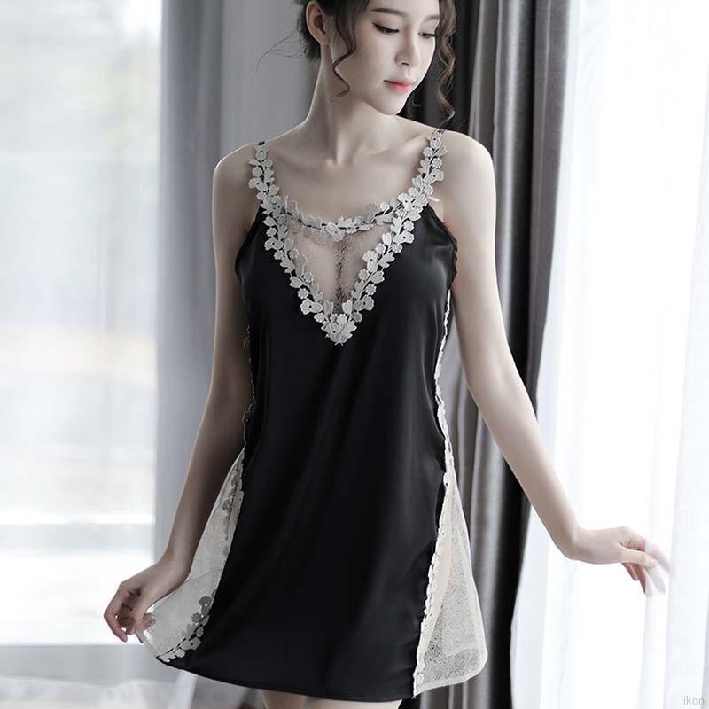 Đầm ngủ phối ren hoa satin dây mảnh hở lưng cho nữ